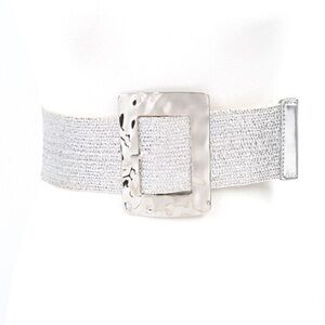 Plus size square buckle faux straw silver belt